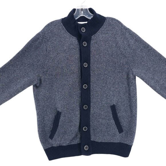 Emozioni Uomo Italy Sweater Cardigan Blue White Birdseye Wool Blend Men's LARGE - Picture 2 of 8